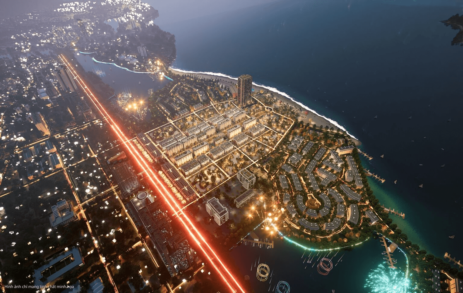 Phối cảnh đêm huyền ảo của Sora Bay Hạ Long, nơi mỗi ánh đèn không chỉ soi sáng kiến trúc mà còn là biểu tượng cho dòng tiền sôi động, biến màn đêm thành "mỏ vàng" bất tận.