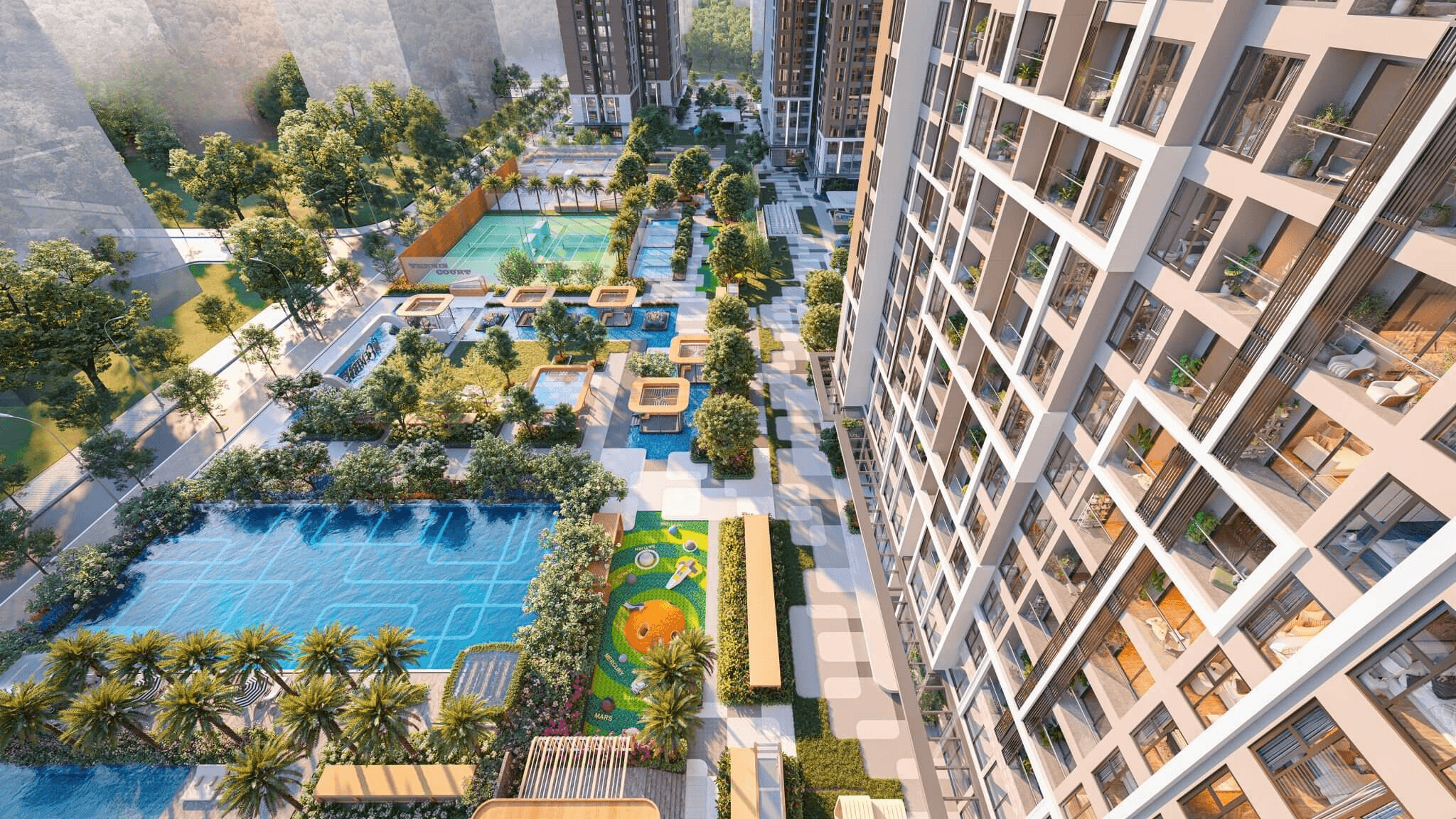 Không gian nội khu dự án An Bình Homeland Dương Nội với hồ bơi, khu vui chơi và mảng xanh rộng lớn, mang đến môi trường sống hiện đại và thư giãn.