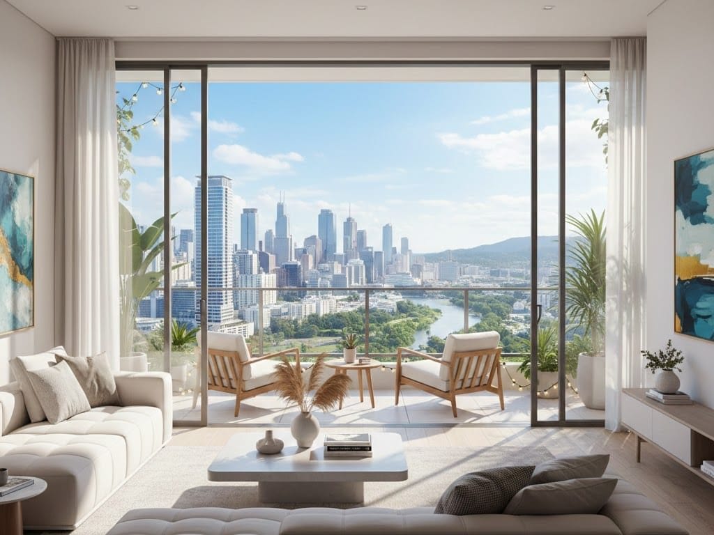 Thiết kế minh họa một căn hộ The Parkland: Không gian phòng khách có ánh sáng tự nhiên, ban công rộng và tầm nhìn thoáng đãng.