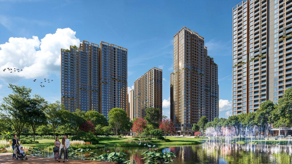 Phối cảnh tổng thể The Parkland Imperia Ocean City: Khu căn hộ cao tầng hiện đại được bao quanh bởi mảng xanh rộng lớn.